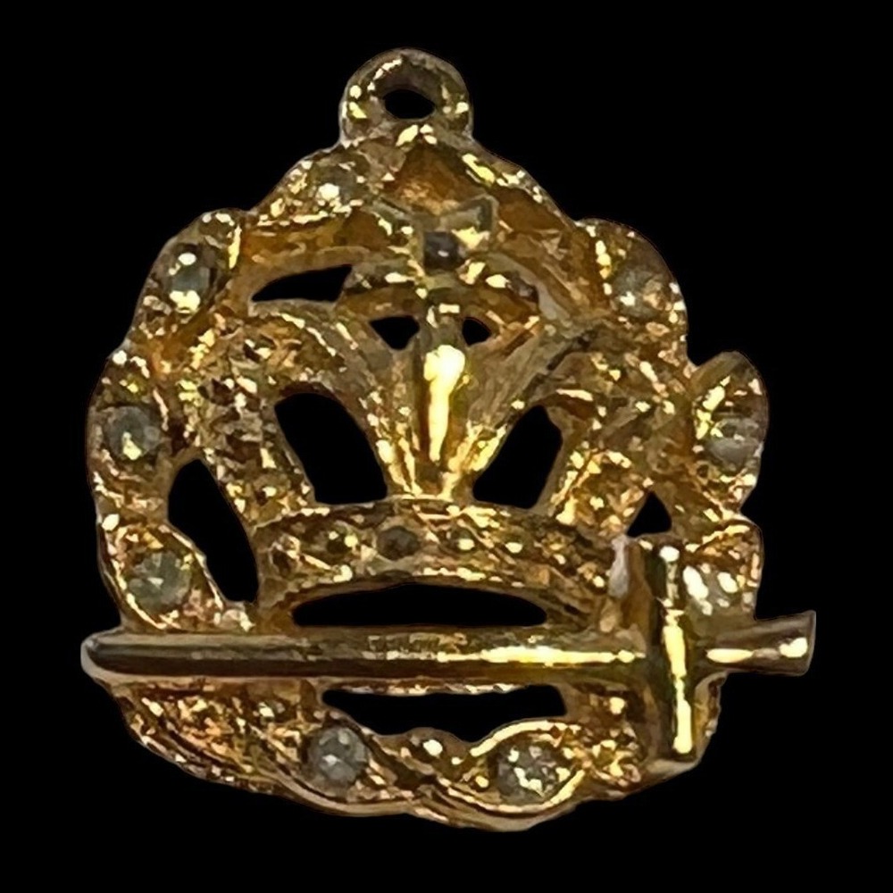 ORA Vintage Crown Sword Amaranth Pendant Gold Tone Rhinestone Masonic Charm Mini